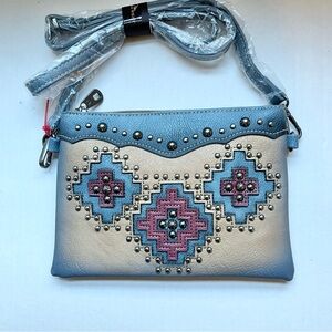 NWT Montana West Leather Western Aztec Crossbody Wristlet Clutch Bag Tan/Blue